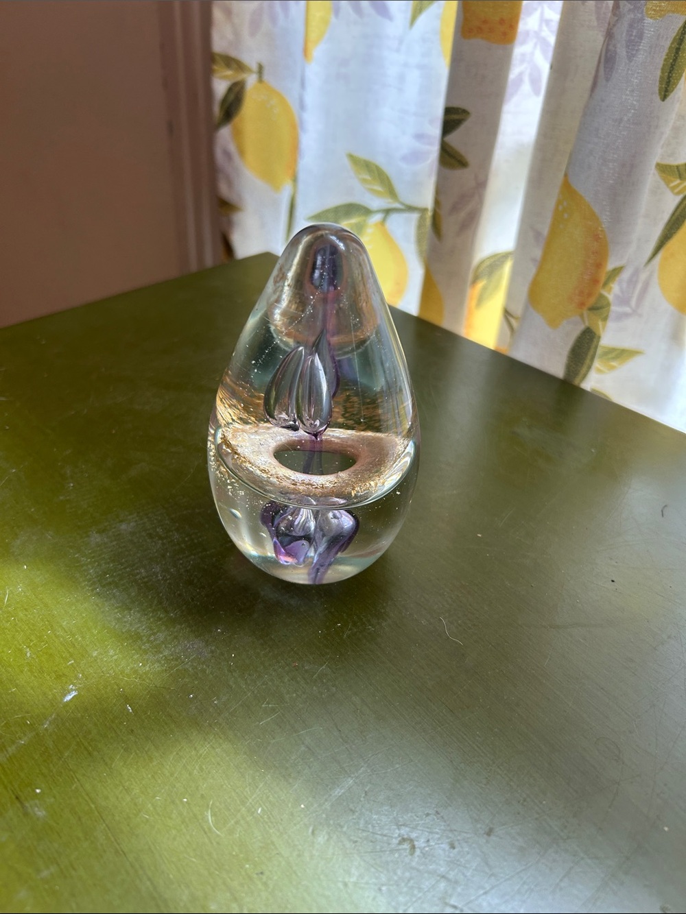 SDS Seapoot Group Clear Glass Teardrop paperweight w/Purple & gold